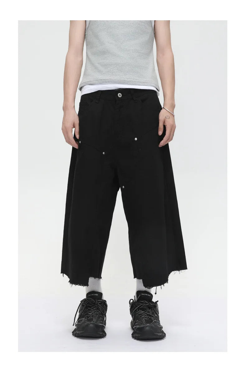 Men's Clothing | Tooling Logging Rough Edge Pure Cotton Loose and Simple Seven-point Denim Casual Pants