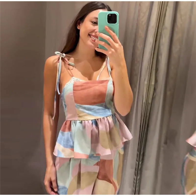 Pastel Print Cami Top Wide Leg Pants Set Ruffle Hem Sleeveless 2026 Summer Vacation Women Co-ord Set Chic Causal Lady Outfit