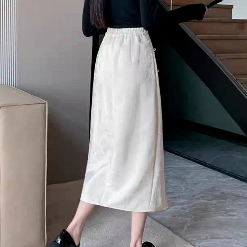 Chinese Style Skirts for Women Printed Casual Streetwear Elegant Female Spring Summer Chic Solid High Waist Simple New Trendy