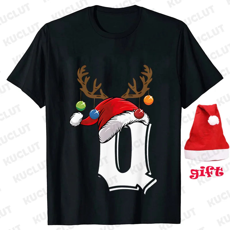 Funny Christmas Party Tshirt Fashion Women T Shirt Tops Short Sleeves T-shirt 26 A~Z Alphabet Casual Tees with Santa Hat Gift