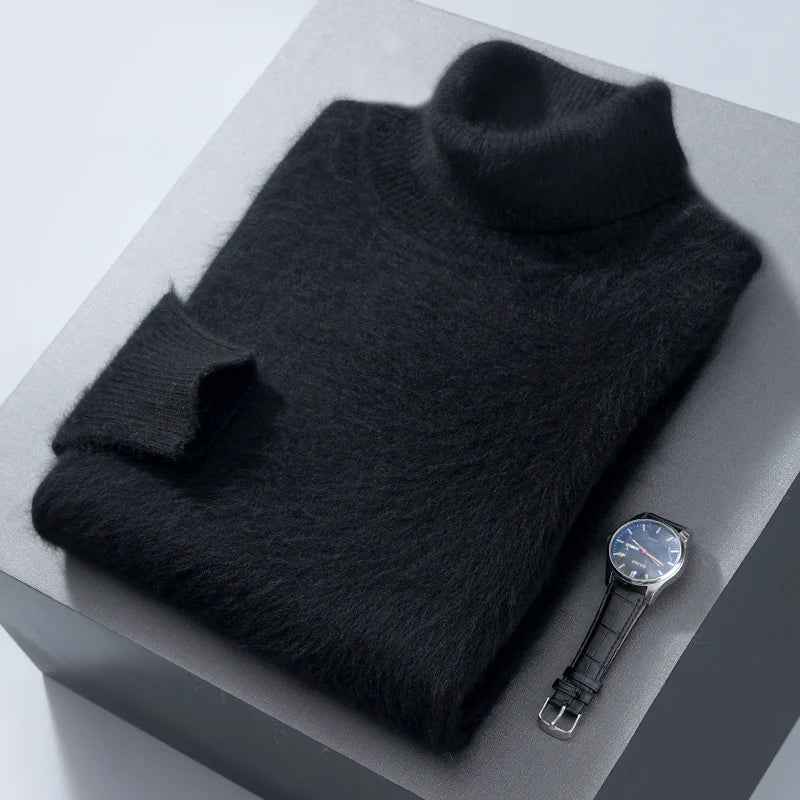 Men's 100% Mink Cashmere Sweater High Lapel Thick Knitted Pullover Casual Large Size Middle-Aged Sweater Autumn Winter New Tops