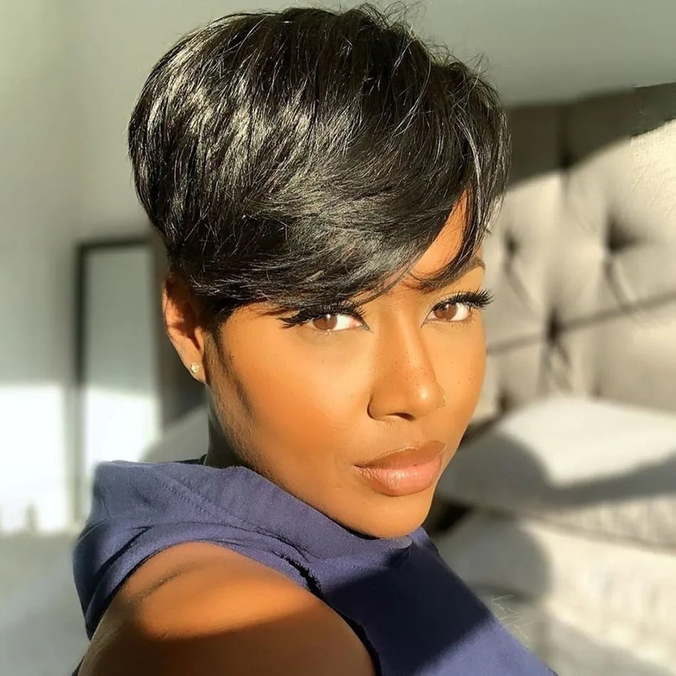 Short Human Hair Wigs Pixie Cut Straight perruque bresillienne for Black Women Machine Made Wigs With Bangs Cheap No Lace Wig