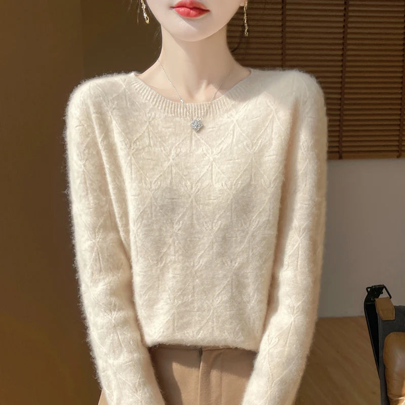 Women 100% Merino Wool Sweater Casual Hollow out Cashmere Blouse O-neck Pullover Tops Autumn Winter Warm Knit Woman Wool Sweater