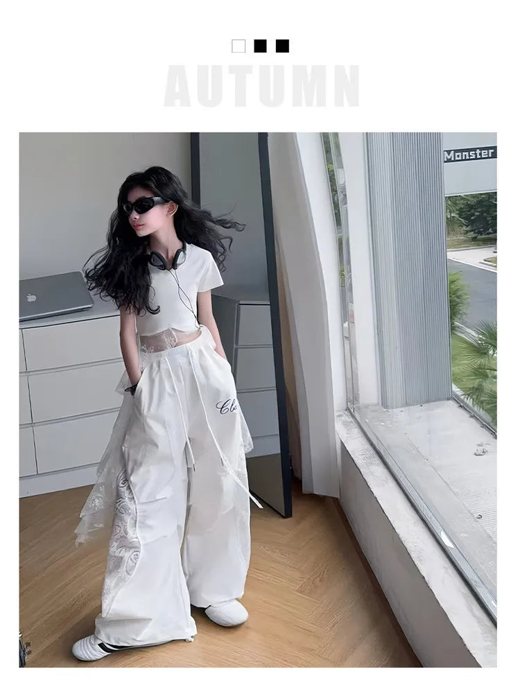 4-14 girls Hip Hop Jazz Street Dance clothes Set Child Summer Clothing Lace patchwork T-shirt+work pants 2pcs kids outfits suit