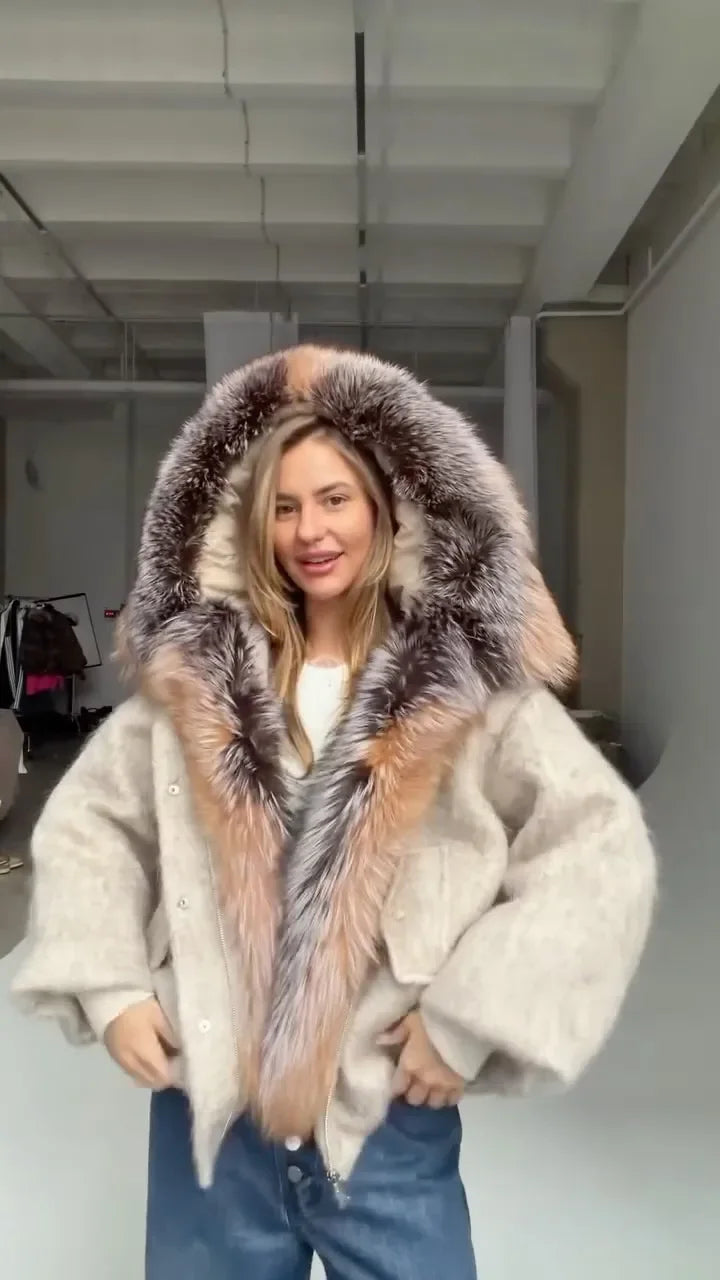 Chic Faux Fur Collar Patchwork Woolen Coat Women Casual Lapel Full Sleeve Zipper Loose Warm Coats Lady Commute Office Outerwears