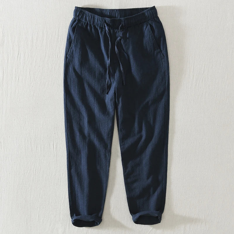 Summer Thin Cotton Linen Straight Leg Casual Pants Men's Loose Fit Drawstring Elastic Waist Nine Point Pants Breathable Youth...