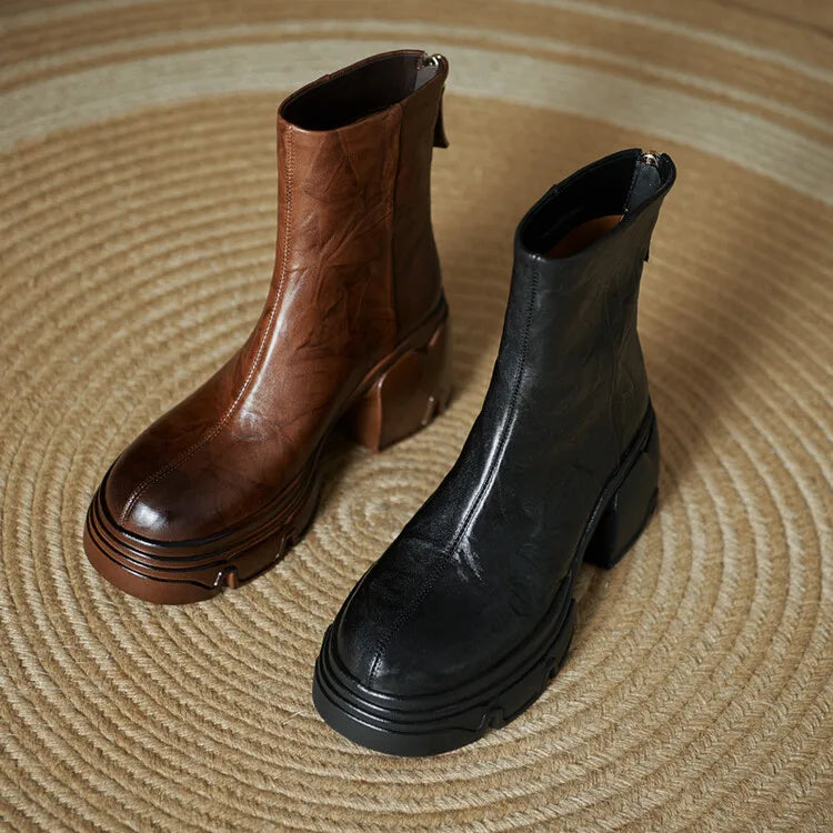 NEW Autumn Women Boots Genuine Leather Shoes for Women Round Toe Chunky Heel Shoes Concise Zip Platform Boots Soft Daily Shoes