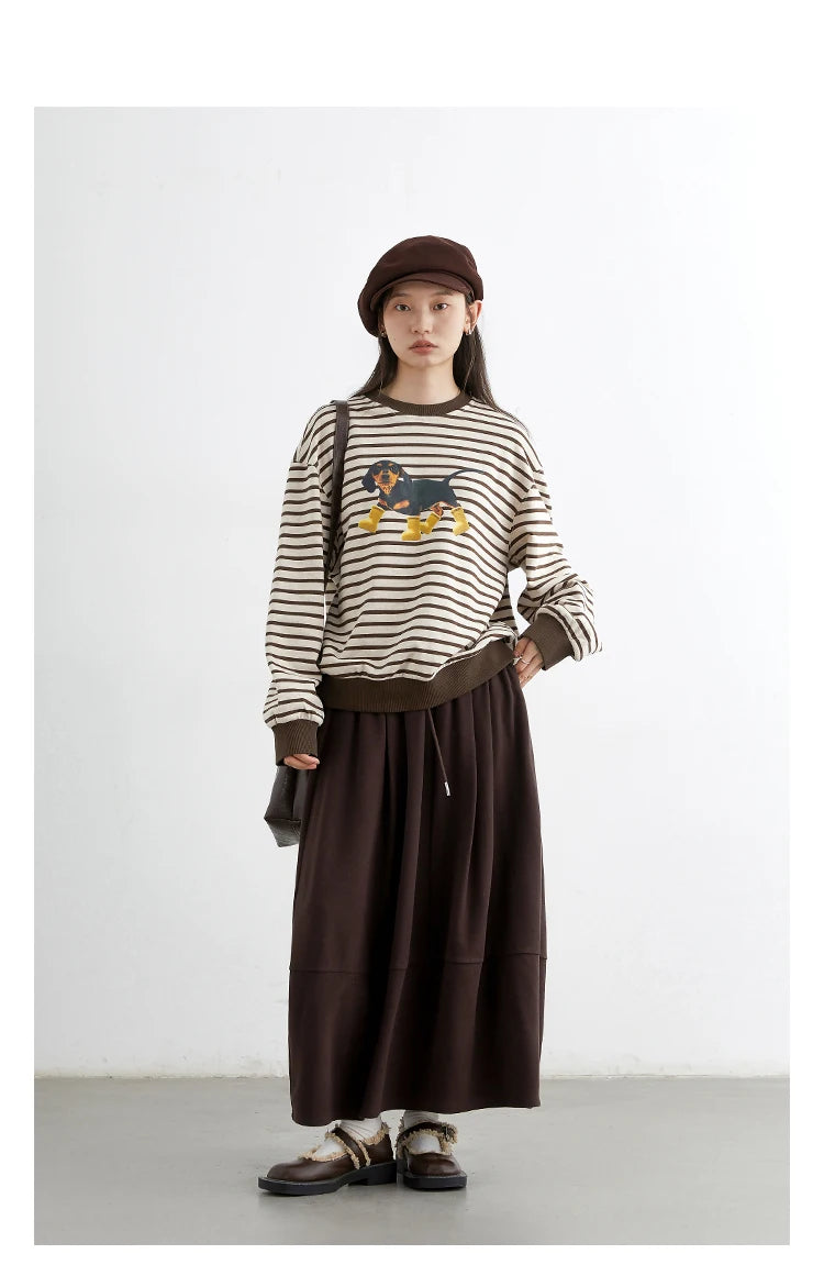 CHIC VEN New Women T-Shirts Loose Casual Round Neck Striped Dog Print Long Sleeved Female Tees Pullover Autumn Winter 2025