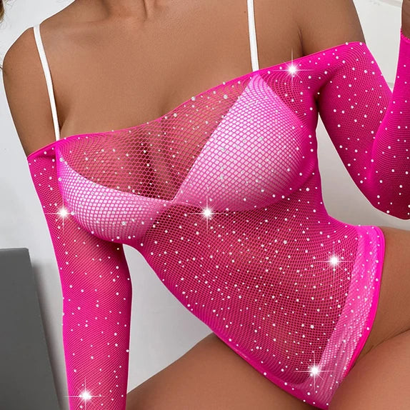 Sexy Rave Festival Clothing Bling Rhinestones Sexiest Bodysuit Temptation Mesh Long Sleeve Backless Transparent Shiny Body Suits