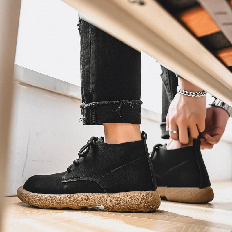 Outdoor Leather Men Casual Shoes British Style High Quality Ankle Boots High Top Man Work Boots Comfortable Walking Sneakers