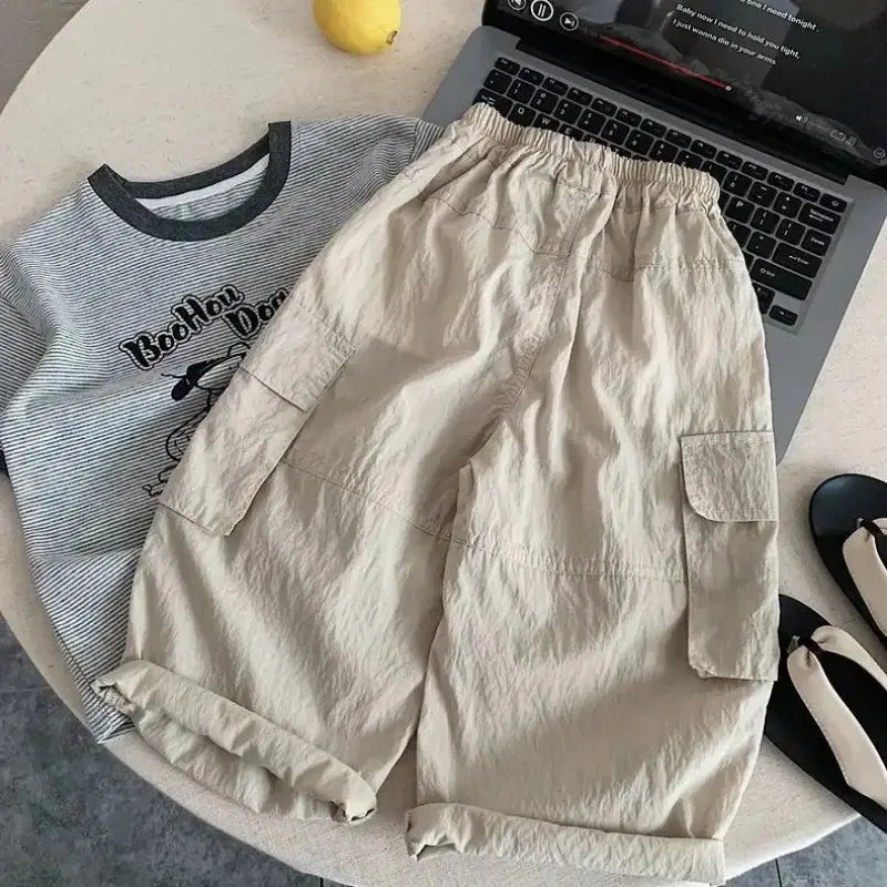 Kids Casual Cargo Shorts Loose Fit Solid Color Multi-Pocket Trousers