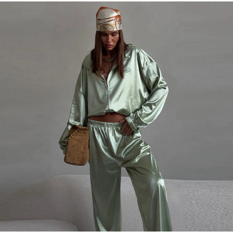2026 Spring Satin Embroidered Zip-Up Jacket Wide Leg Pants Set Oversized Slouchy Women 2 Pcs Outfit Cool Lady Co-ord Streetwear