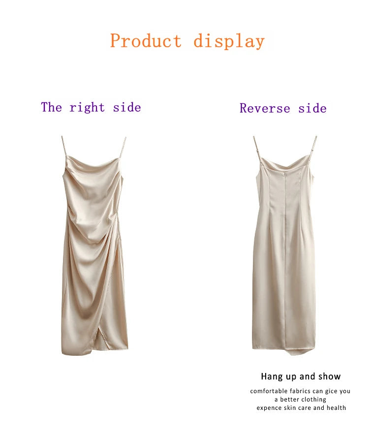 summer Europe and the United States aristocratic style texture satin pleated waist design solid color sexy slit slip dress