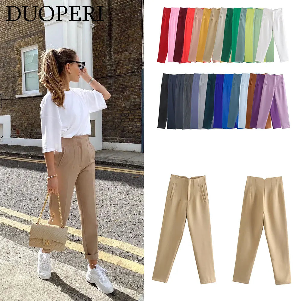Duoperi Women High Waist Solid Trousers Chic Office Workwear Long Pants