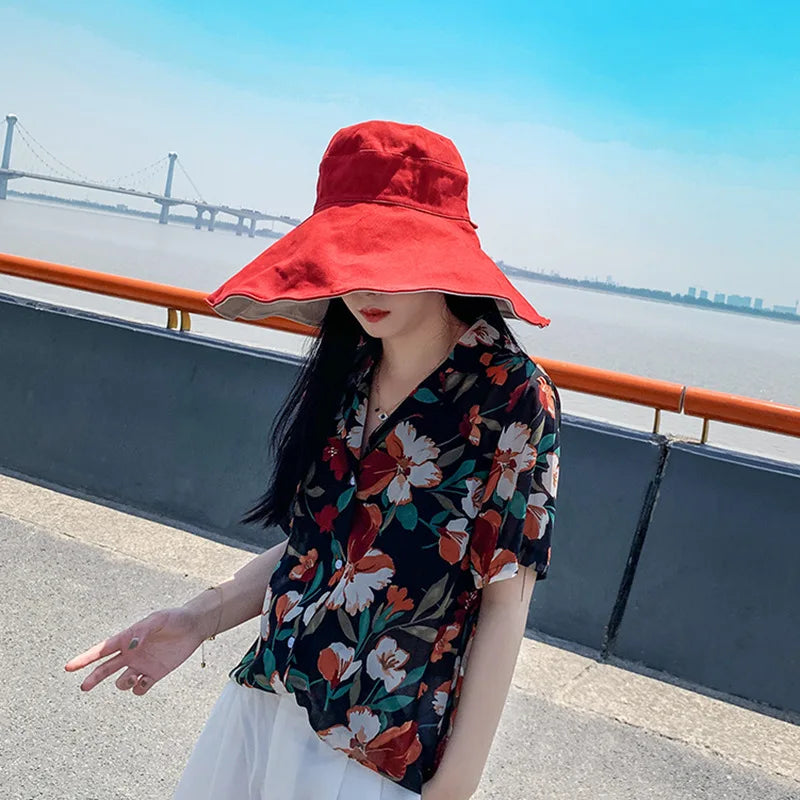 Wide Brim UPF 50+ Sun Hat Women Anti-UV Protection Hiking Fisherman Cap Fold Summer Solid Beach Hat 2024 Double sided Sun hat BAZAARHUBO