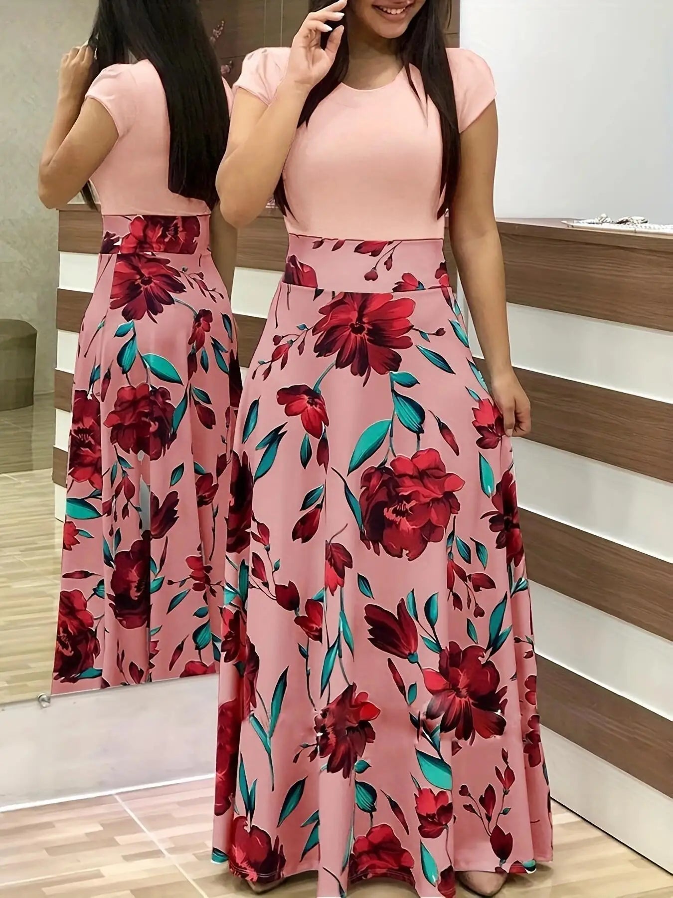 2024 European and American style flower print color matching short sleeved dress for women's large swing skirt BAZAARHUBO