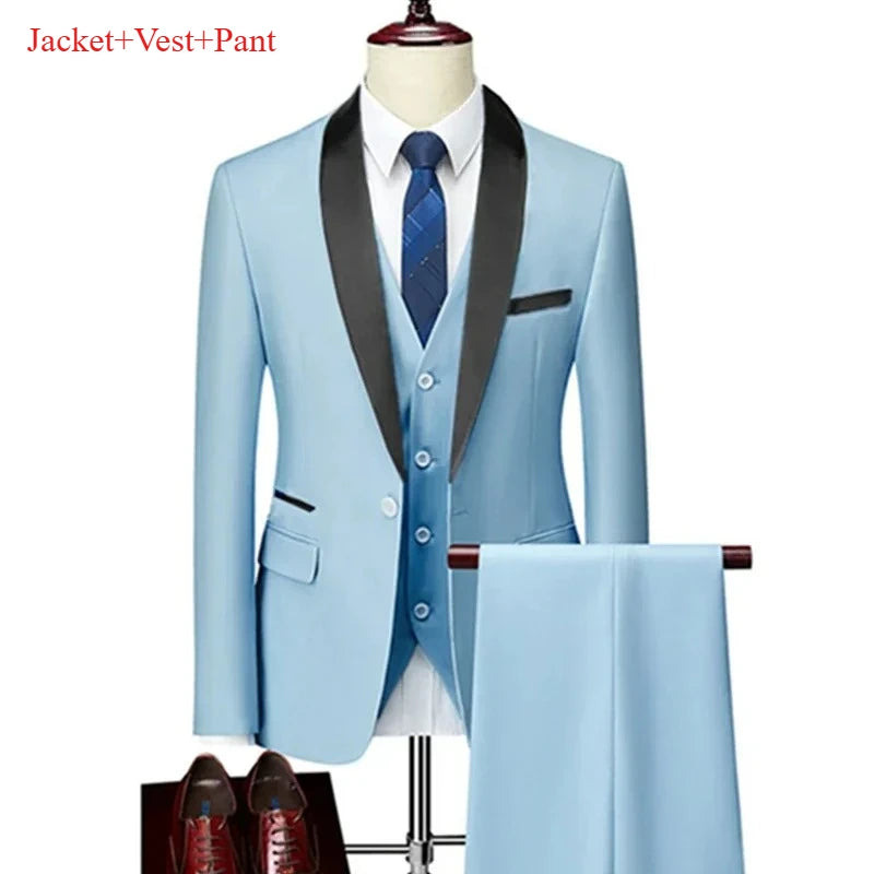 Men's Lapel Black Suit Set Coat Vest Trousers / Business Groomsmen Groom Wedding Dress Fprmal Blazer Pants