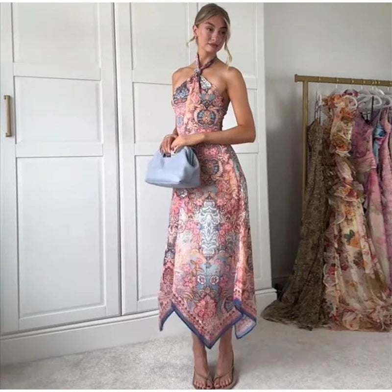 Halter Neck Floral Print Split Set Sleeveless Casual Top Tropical Wrap Slit Maxi Skirt 2026 Summer Bohemian Holiday Women Outfit