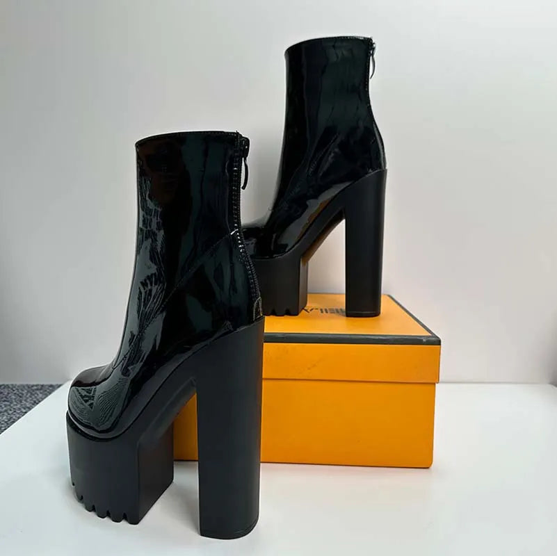 16CM Super High Heels Motorcycle Boots New Square Heel Platform Women Ankle Boots Sexy White Pleated Back Zipper Short Boots