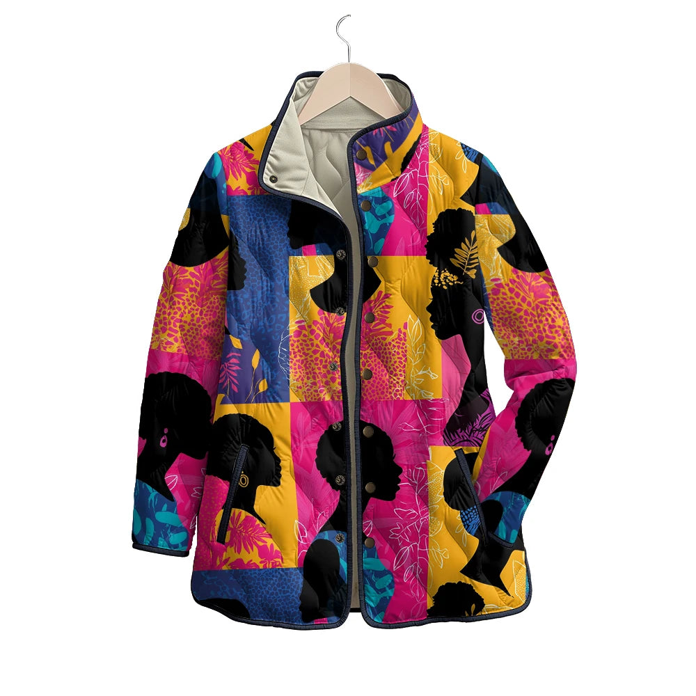Women's African Art Jackets with Female Profile Florals Pattern Coats Multi-Color Silhouette Patterns Artistic Winter Outerwear