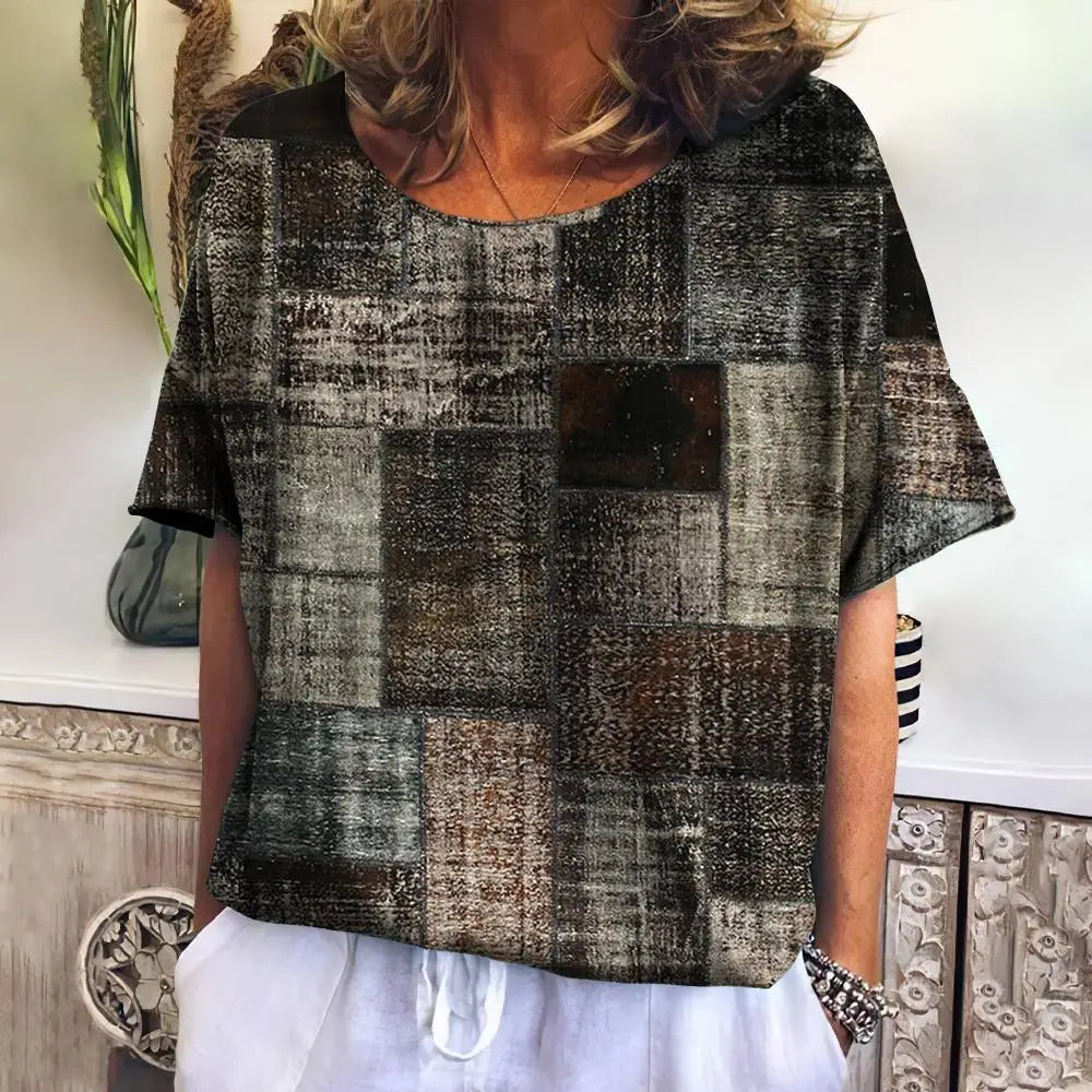 Summer Plaid T Shirt For Women O Neck Casual Sweatshirt New Tees Harajuku Clothing Loose Short Sleeve Blouse Female Fashion Tops