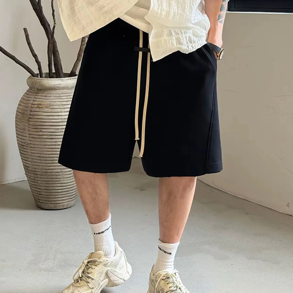 Mens Summer Casual Shorts Loose Fit Elastic Waist Drawstring Streetwear Sweatpants Hip Hop Shorts Knee Length Straight Trousers