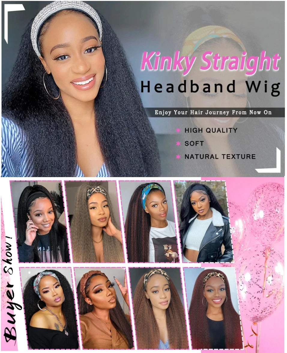 Kinky Straight Headband Wig Remy Human Hair Wig Ready To Wear Peruvian Yaki Straight Headband Isee Human Hair Wig for Women