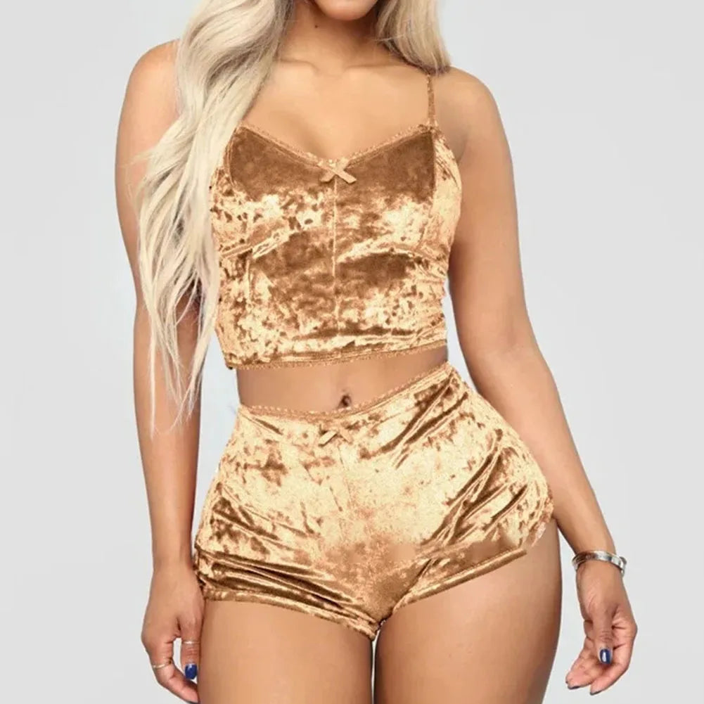 Women Sexy Pajama Set Solid Color V-neck Sleeveless Sexy Underwear Woman Solid Comfortable 2 Piece Lingerie Sleepwear Fashion