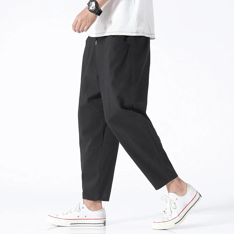 100% Cotton Men's Summer Casual Loose Pants Trendy Japanese Style Cropped Pants for plus Size Men up to 5XL