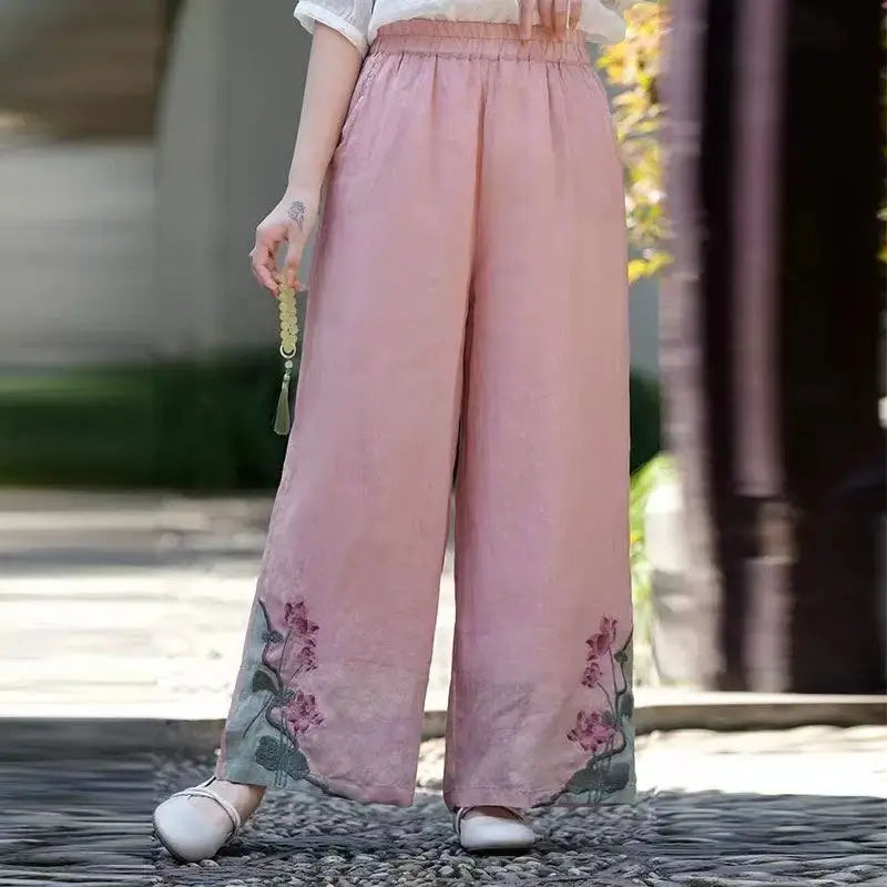 Chinese Style Vintage Embroidery Casual Trousers Women Summer Pants Literature Art National Style Retro Embroidery Bottoms
