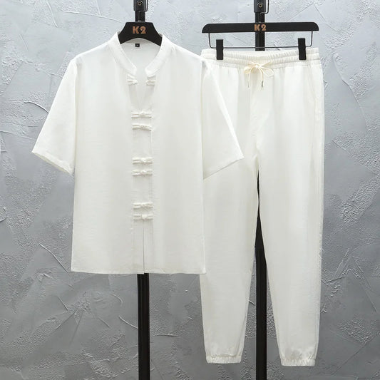 Shirts + Pants 2026 summer 100% Cotton linen Sportswear Men's Casual Sets spring Male Fashion trousers and shirts men size M-5XL
