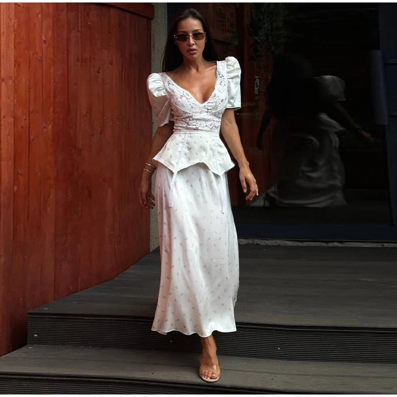 Lace Trim Satin Peplum Midi Dress Deep V-Neck Puff Sleeve A-Line 2026 Spring Summer Chic Elegant Romantic Women Cocktail Dress