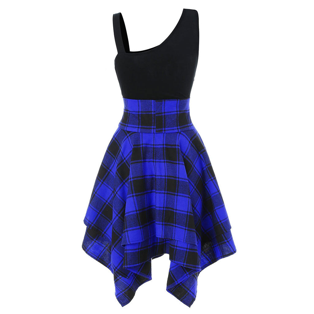 Elegant Classy Dresses For Women 2024 Sleeveless Cold Shoulder Cross Lace Up Plaid Print Irregular A-Line Dresses