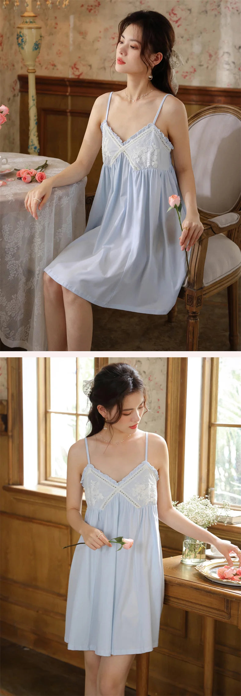 Summer New Sweet Palace Embroidered Lace Knitted Cotton Small Sexy Sling Lace Nightdress Princess Pajamas