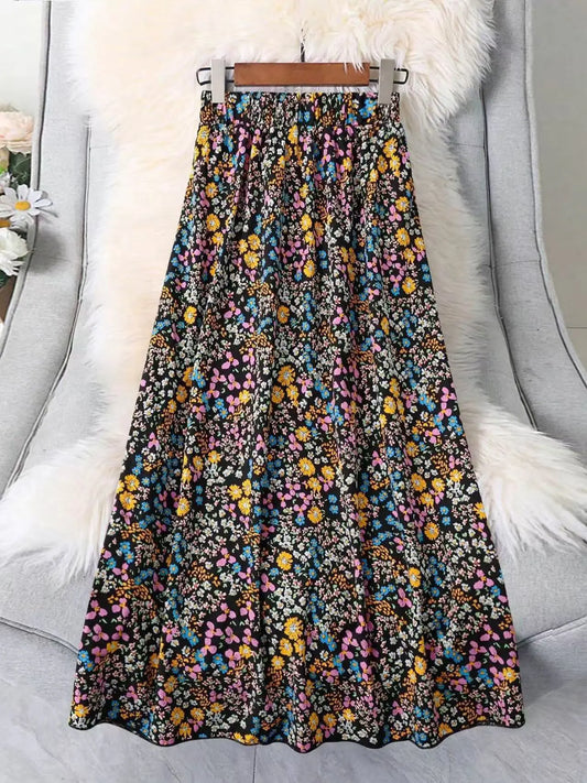 Elegant Casual Floral Print Half Skirt High Waist Hip Concealing Midi A-Line Long Dress Versatile for All Occasions