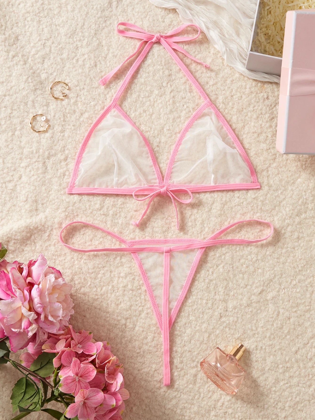 Pink Transparent Mesh Bikini Set See Through Cups Sexy Female Lingerie Hot Underwear For Women Erotic Costumes Bra & Thongs Sets