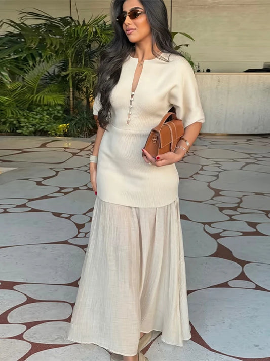 Elegant Women Patchwork Long Dress Short Sleeve O Neck Button A-Line Dresses Spring Summer Vintage Beach Vacation Casual Robes