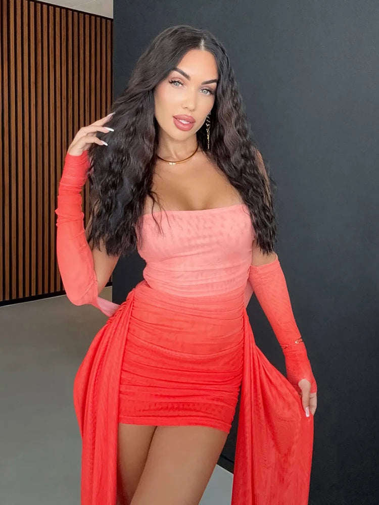 Sisterlinda Mesh Simple Mini Dress Fashion Solid Strapless Ribbons Tassel Body-shaping Vestidos+Seperately Full Sleeve Gloves