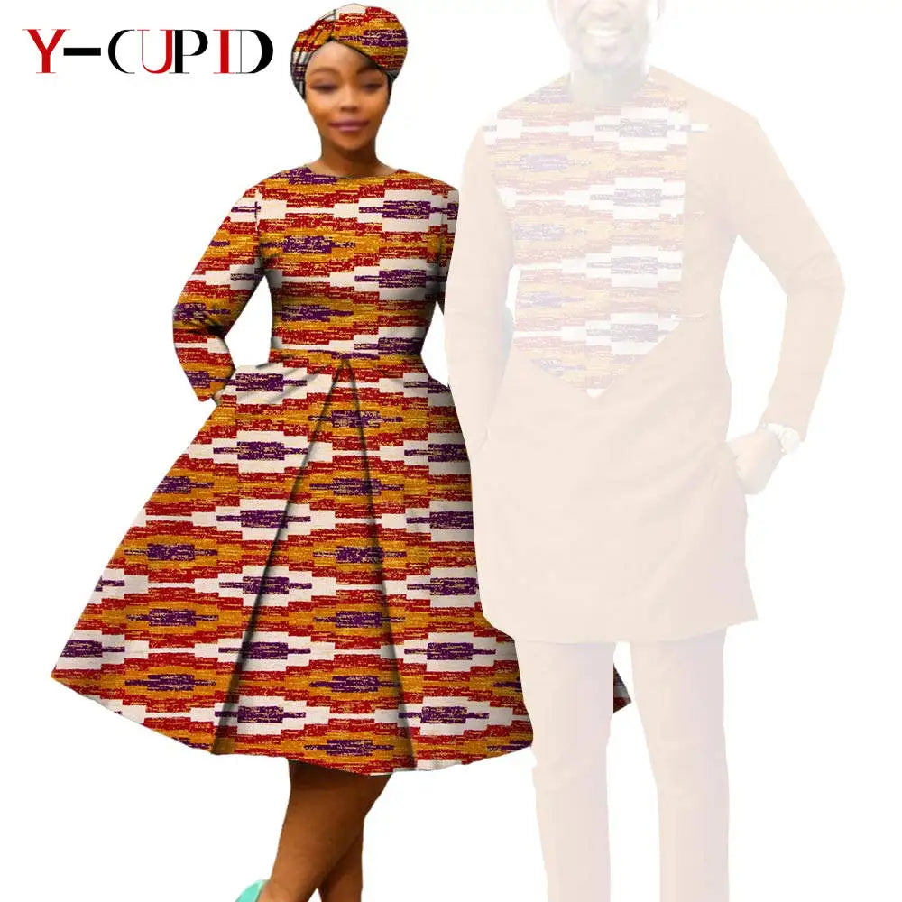 African Print Dresses for Women with Headwrap Matching Couple Outfits Dashiki Men Long Sleeve Pathwork Top and Pant Sets Y23C004