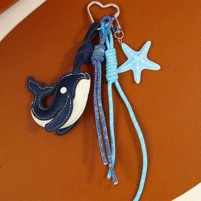 Exquisite Blue Whale Pendant Keychain,Cartoon Cute Starfish Whale Woven Rope Charm Car Bag Decoration Creative Gift