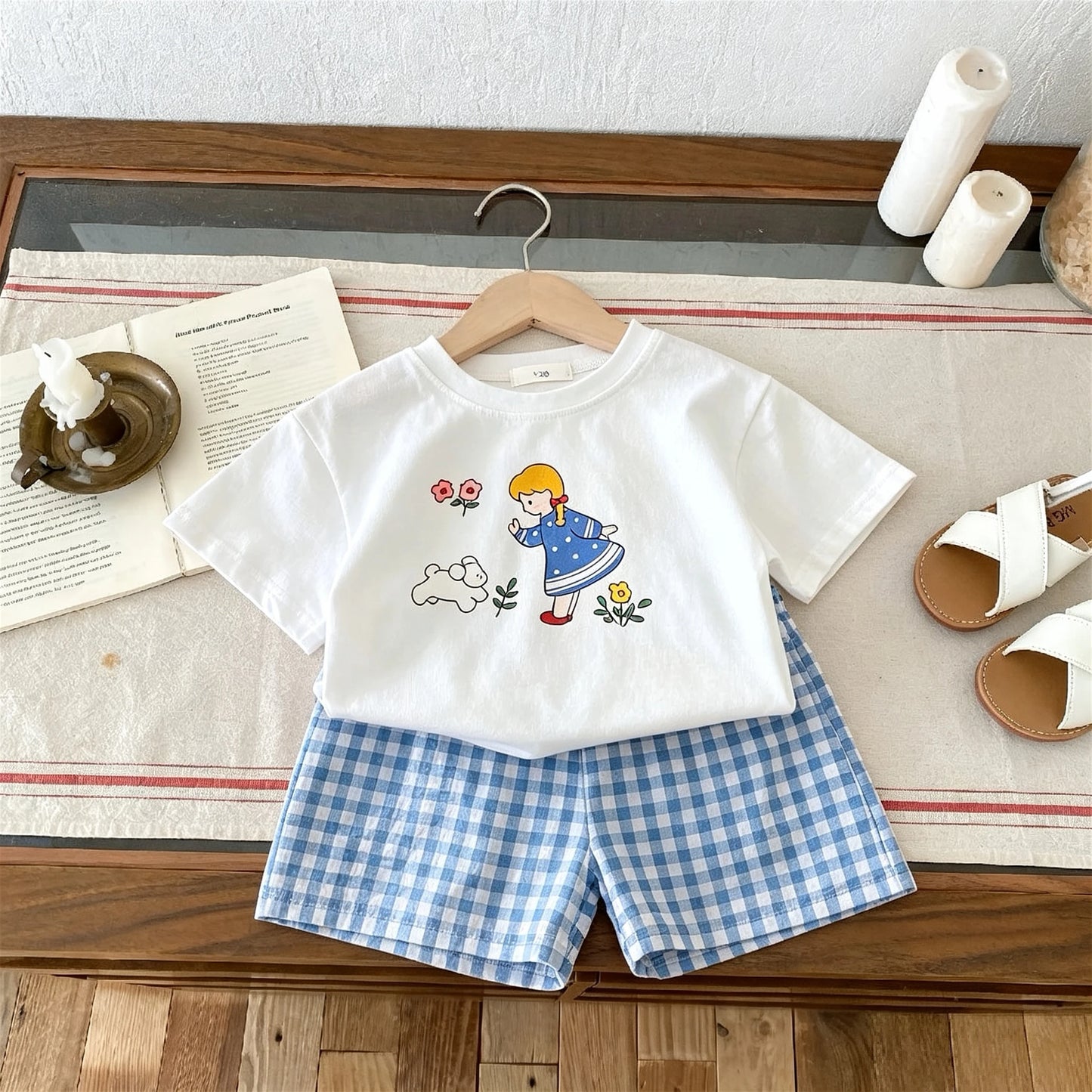 T-shirt + Plaid Shorts Outfits For Kids Summer Clothing Fashion Casual Short Sleeve Suit Children's Wear 2 Piece Set Girls Boys