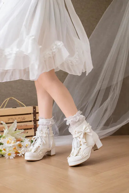 Lolita Great Quality Block High Heels Women Ankle Boots White Shoes Lace Decor Lace Up Chunky Heeled Bow Boots for Women Verclo