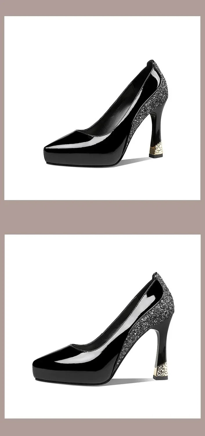 2025 Spring New Pointed Shallow Patent Leather High Heels Fashion Elegant Shoes for Women Thin Heel Platform Work Pumps Zapatos