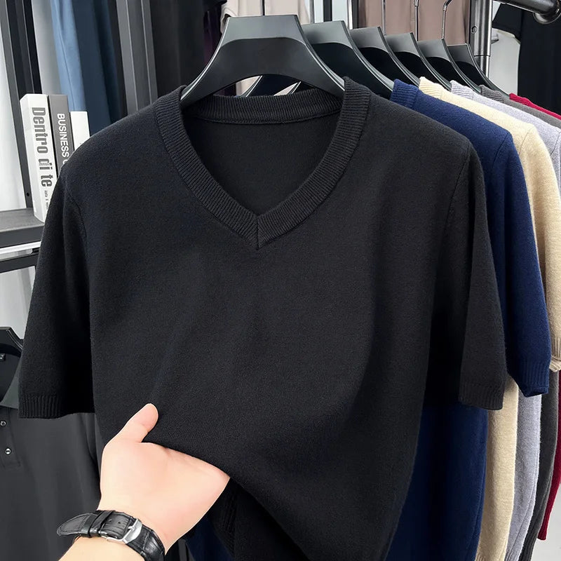 Mens V Neck Short Sleeve Wool Knit Pullover Soft Thin Knitwear For Business Office Daily Casual Spring Summer Basic Tops