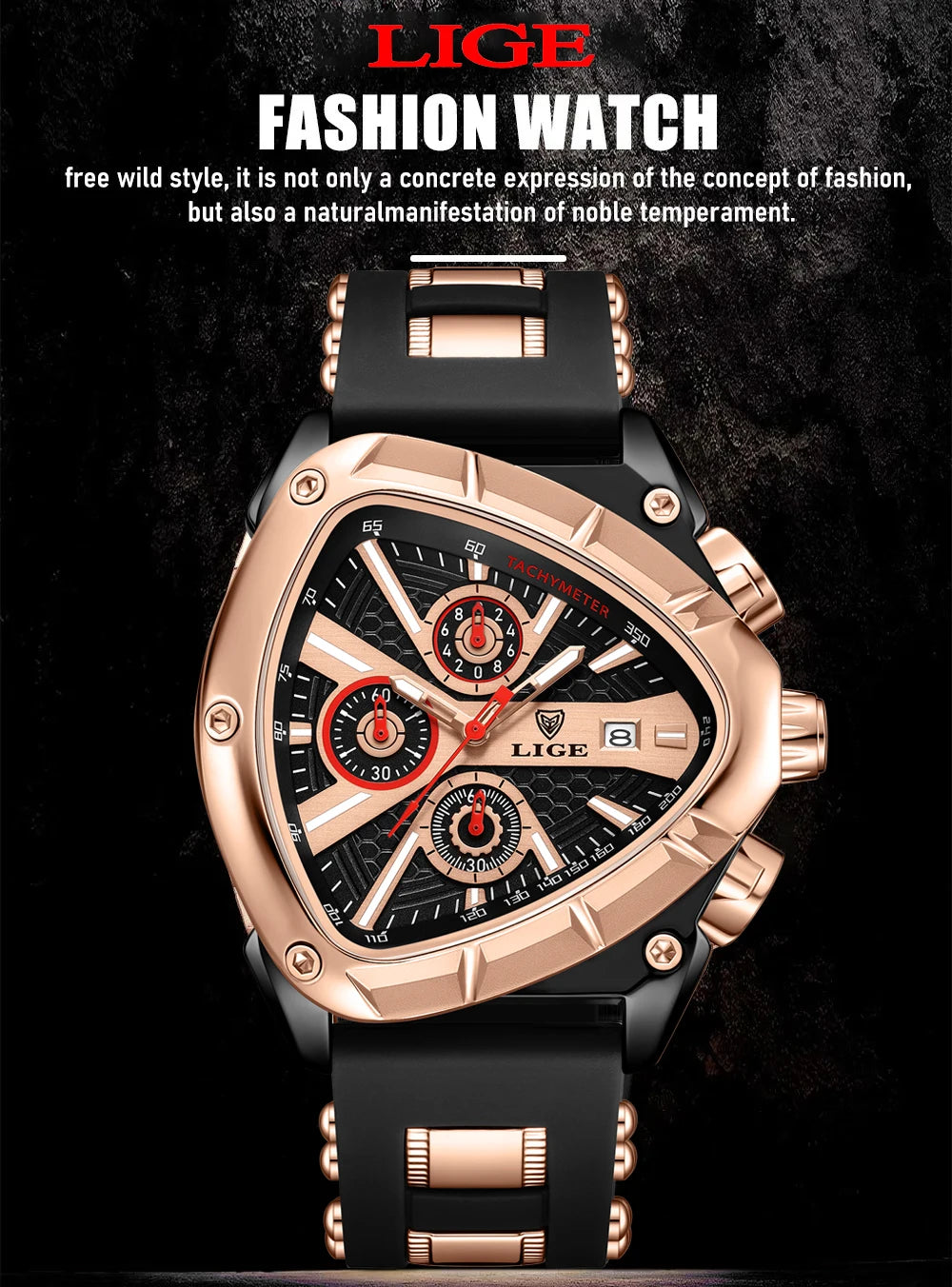 LIGE Sports Triangle Mens Watches Luminous Pointers Fashion Rubber Strap Military Irregular Quartz Wristwatch Waterproof  Watch