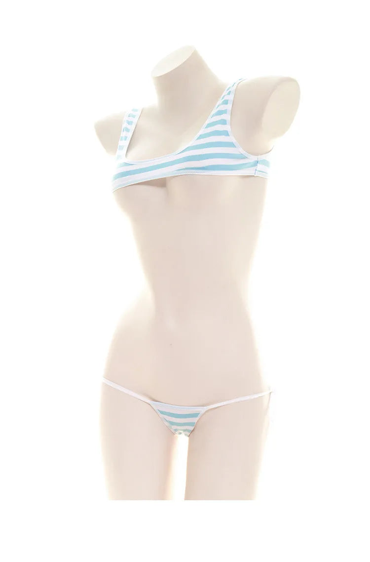 Sexy Japanese Style  Blue White Stripe Bikini Swimsuit Striped Halter Micro Bikini Set Love Female StudenLolita Kawaii Swimsuit