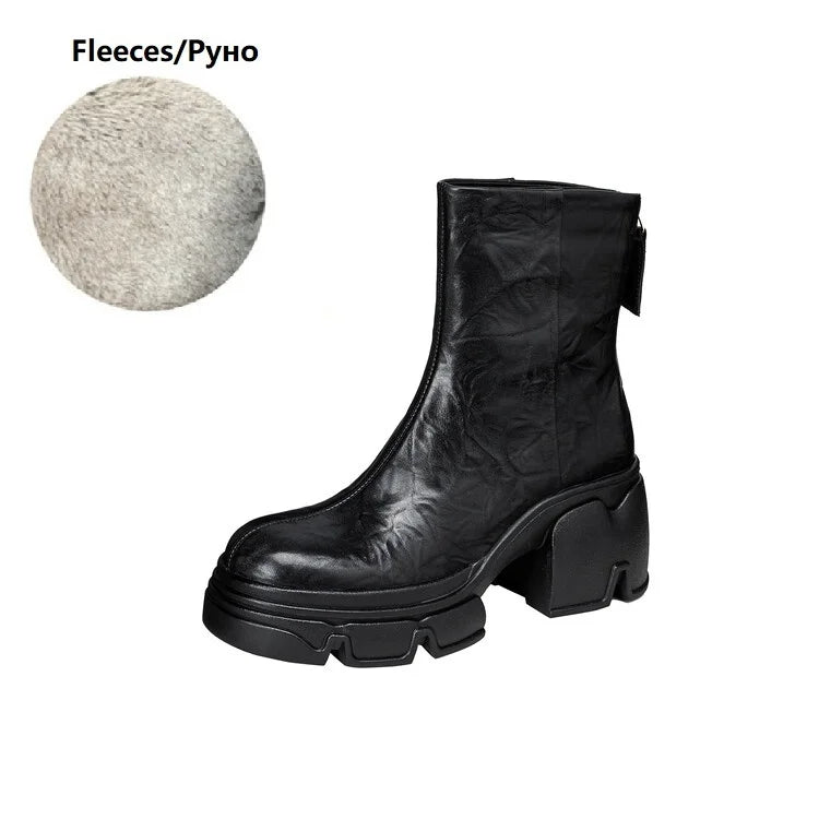 NEW Autumn Women Boots Genuine Leather Shoes for Women Round Toe Chunky Heel Shoes Concise Zip Platform Boots Soft Daily Shoes