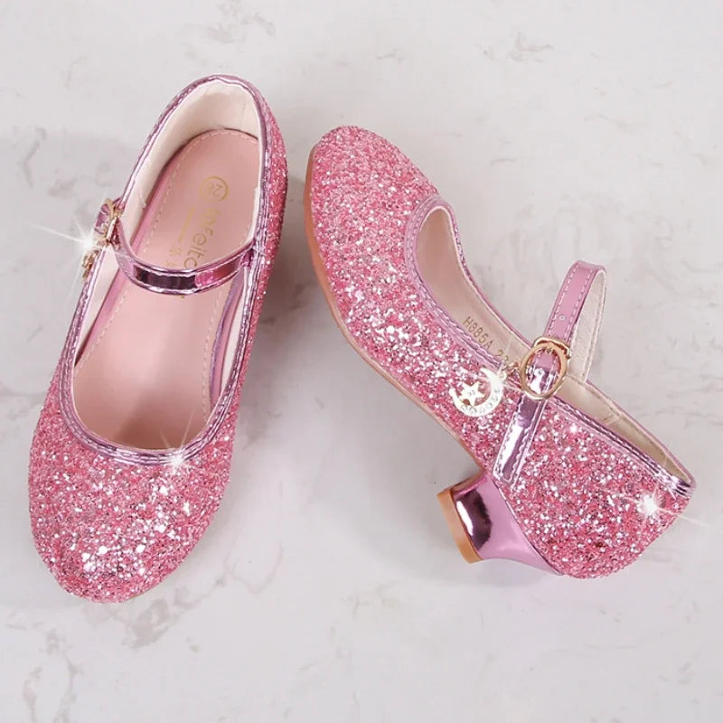 Classic Children High Heels Leather Shoes Fashion Sequins Elegant Kids Girls Wedding Shoes Princess Party Dress Single Shoes