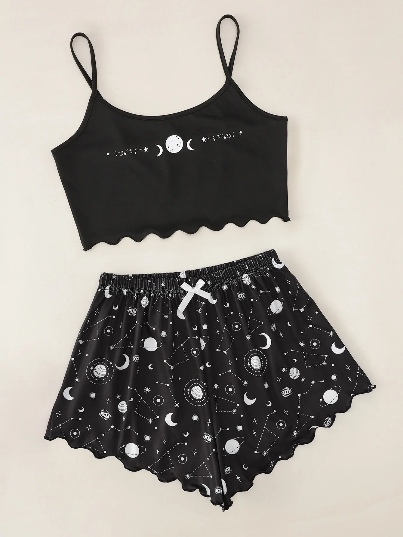 Summer Pajamas Set Women's Sleepwear Star Moon Printed Sleeveless Sling Crop Tops and Shorts Set Homewear Loungewear Pijama