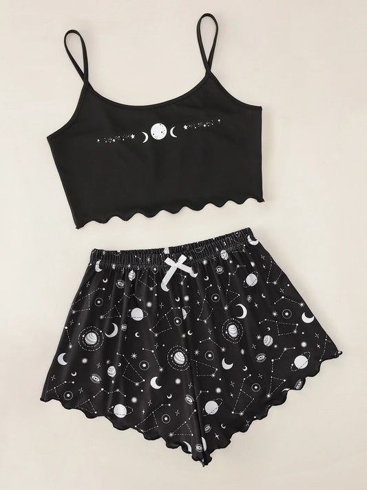 Summer Pajamas Set Women's Sleepwear Star Moon Printed Sleeveless Sling Crop Tops and Shorts Set Homewear Loungewear Pijama